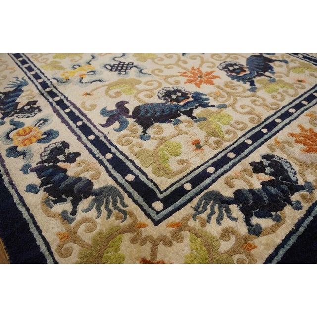 1920s Ivory Navy Blue Colorful Antique Chinese Silk Carpet 4' X 7' Foo Dog Rug For Sale - Image 4 of 10