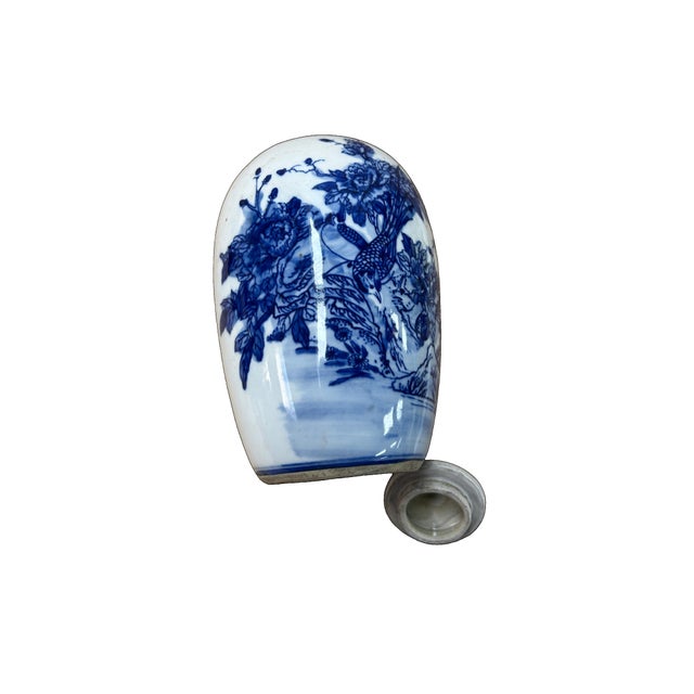 Oriental Flowers Graphic Blue White Point Lid Oval Porcelain Jar For Sale In San Francisco - Image 6 of 8