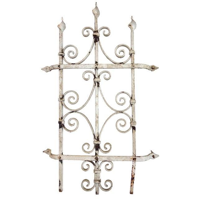 Antique Iron Architectural Door Detail. This item is an antique white-painted wrought iron gate or architectural panel...