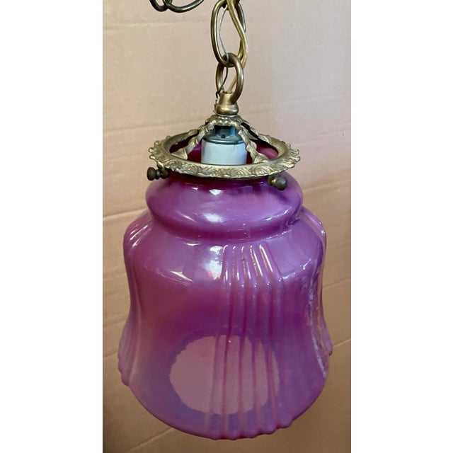 Mid 20th Century Cranberry Opalescent Cased Glass Hanging Pendant Ceiling Light Fixture For Sale - Image 4 of 12