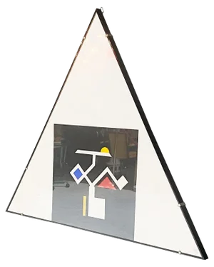Italian Modern Triangular Painting with Collage, 1980s, Glass, Paper & Wood, Framed