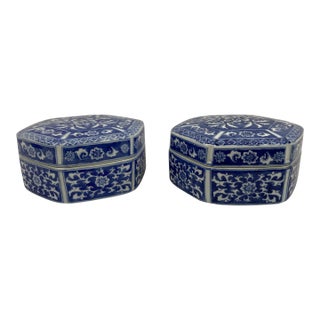 Vintage Blue and White Chinese Porcelain Boxes- a Pair For Sale