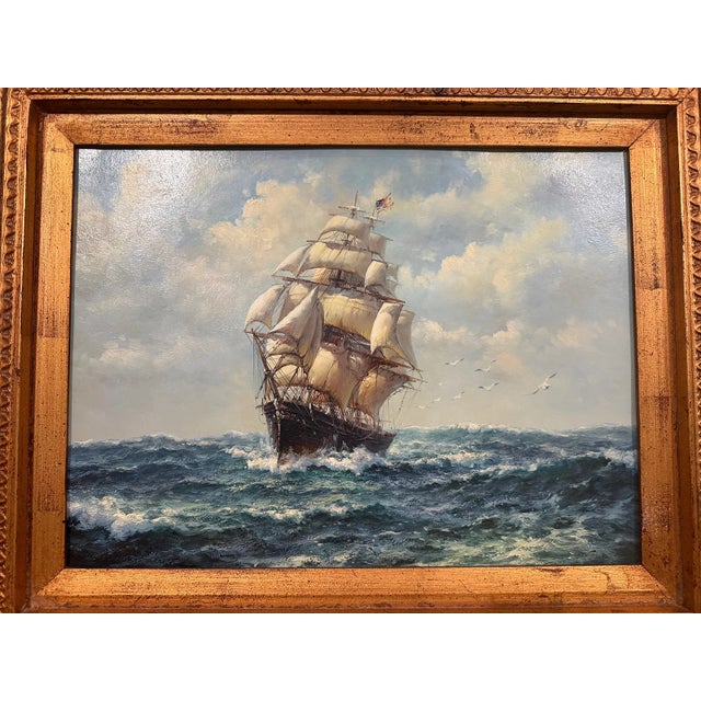 Late 20th Century J. Clark - American Clipper at Sea, Oil on Canvas For Sale - Image 4 of 10