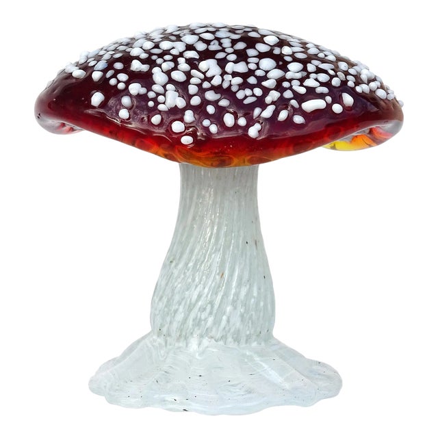 Murano Deep Red Orange White Spots Vintage Italian Art Glass Mushroom Toadstool Paperweight Sculpture For Sale
