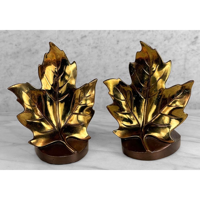 Vintage Traditional Gold Gilded Metal Maple Leaf Library Bookends - A Pair For Sale - Image 4 of 7