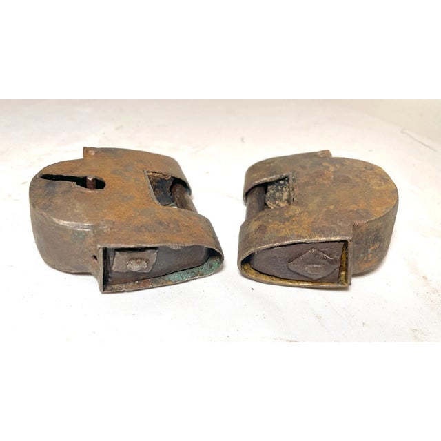 Pair of Rare Antique Handmade 1800s Pad Lock Solid Steel Wrought Iron Key Forged For Sale In New York - Image 6 of 10