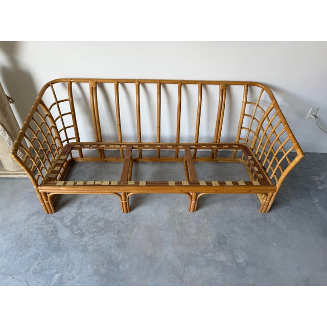 Mid-Century Modern Vintage Ficks Reed Style Bamboo Rattan Sofa With Floral Print Upholstery/ Sold For Sale - Image 3 of 12