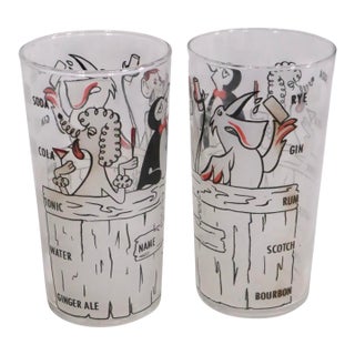 Viintage Mid Century Modern Barware Recipe Drinking Glasses W/ Gull Poodle Monkey and Penguin - a Pair For Sale