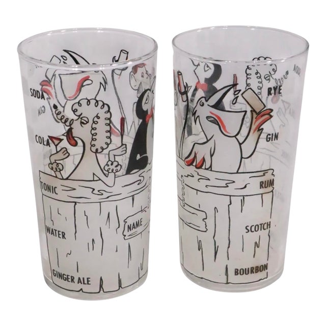 Viintage Mid Century Modern Barware Recipe Drinking Glasses W/ Gull Poodle Monkey and Penguin - a Pair For Sale