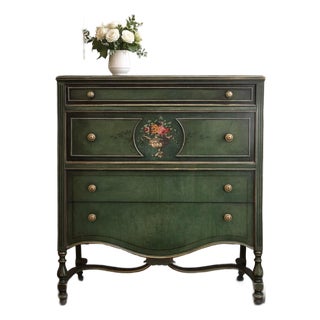 Berkey & Gay Rococo Revival Hand-Painted Secretary Chest, Original Green Finish, C. 1920s For Sale