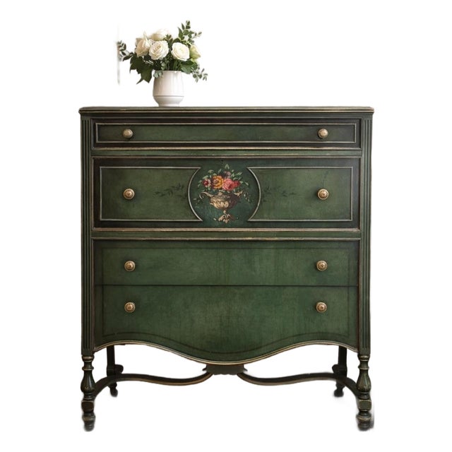 Berkey & Gay Rococo Revival Hand-Painted Secretary Chest, Original Green Finish, C. 1920s For Sale