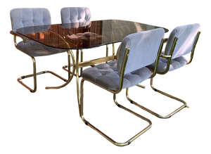 Vintage Italian Dining Chairs and Table in Brass, 1970s, Set of 5