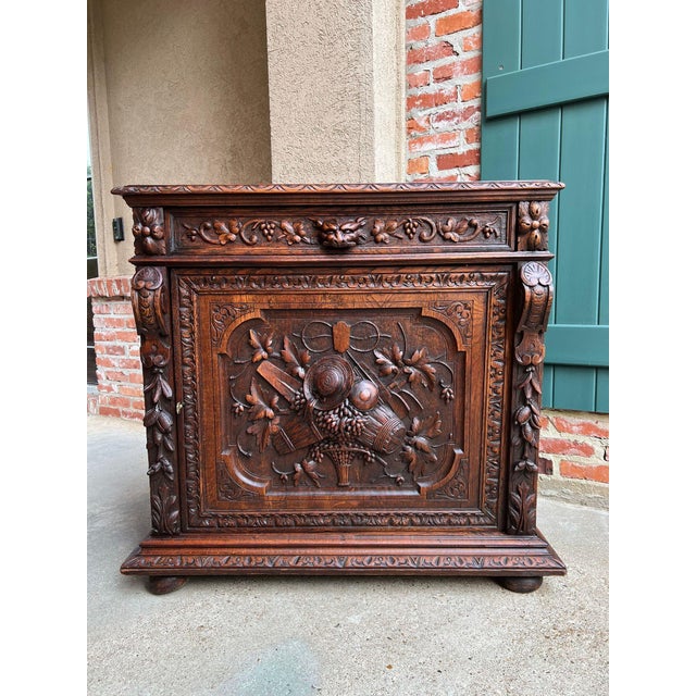French Country Antique French Wine Cabinet Sideboard Renaissance Revival Carved Oak C1890 For Sale - Image 3 of 18