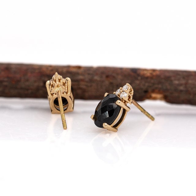 2020s Oval Shaped Black Spinel Stud Earrings in 14k Solid Gold With Natural Diamonds- 2 Pieces For Sale - Image 5 of 7