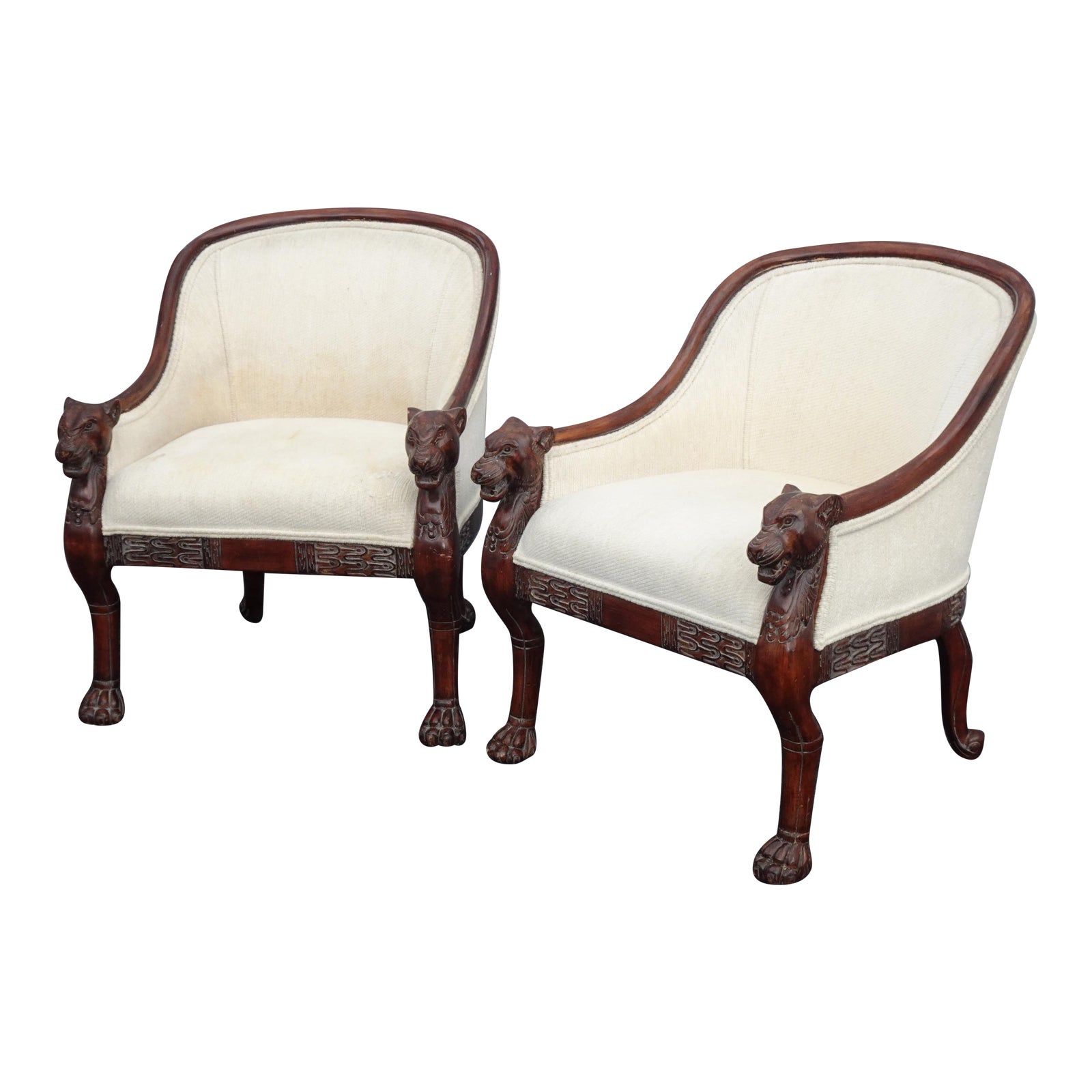 Pair Of Vintage French Off White Club Chairs With Tiger Armrests Claw Feet Chairish
