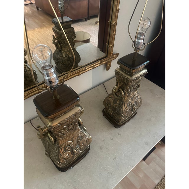 Vintage Brass Urn Table Lamps With Elaborate Asian-Inspired Relief - Pair For Sale In Phoenix - Image 6 of 11
