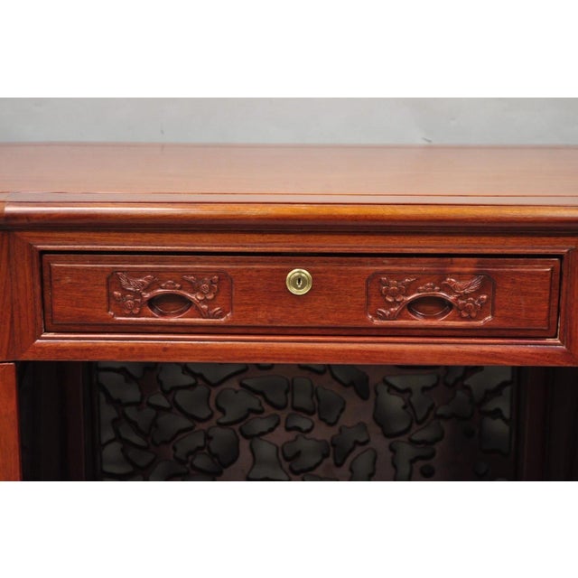Vintage Chinese Bird Carved Hardwood Kneehole Writing Desk With Decorated Back For Sale - Image 9 of 18