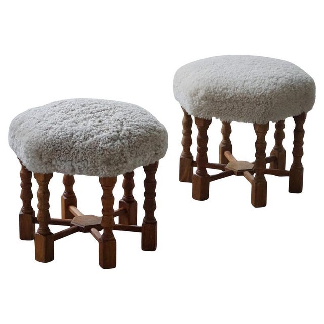 Mid-Century Danish Oak Stools with Shearling Lambswool Upholstery, 1950s, Set of 2 For Sale - Image 15 of 15