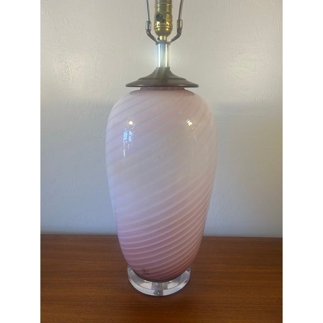 Murano Pink Swirled Lamp With Lucite Base. Large statement lamp for that special look. It features a swirled look with...