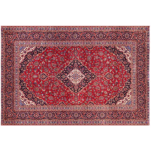 Vintage Retro Kashan Red/Blue Wool Rug - 9'9'' X 12'9'' For Sale - Image 9 of 10