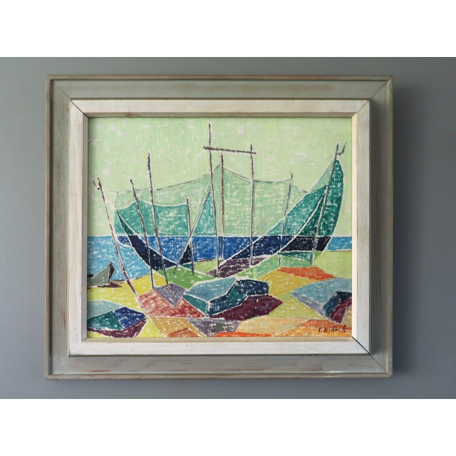 SHORELINE COLOUR Size: 13.4 x 15.4 inches (including frame) Oil on canvas A mid-century coastal landscape that captures a...