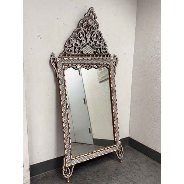 Moroccan Syrian Mother of Pearl Inlay Leaning Mirror, Vintage For Sale - Image 3 of 12