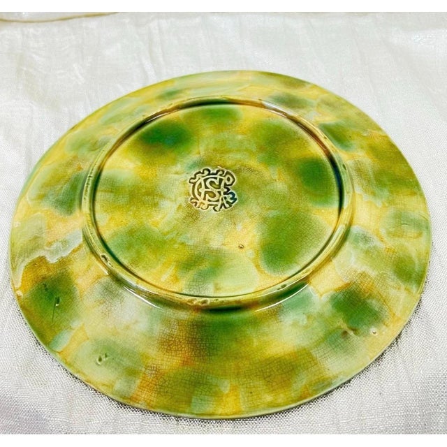 Antique 1879 Griffen Smith Hill Begonia Majolica Plates – Etruscan Pottery Pair For Sale - Image 4 of 9