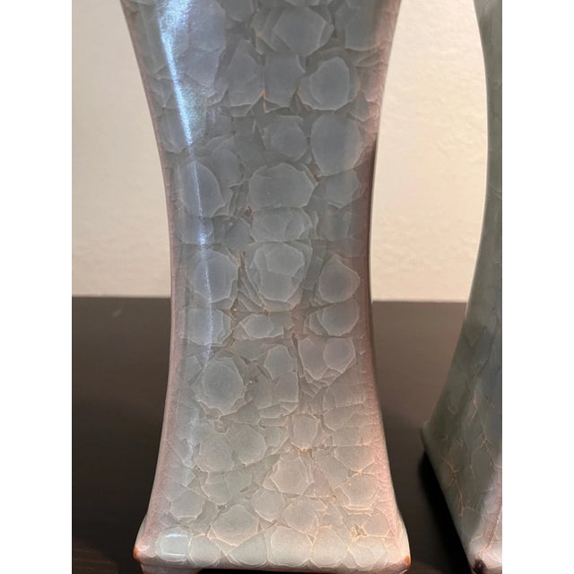 Late 20th Century 3pc Chinese Ge Type Guan Crackle Glaze Celadon Set: Pair Square Vases & Bowl For Sale - Image 5 of 6