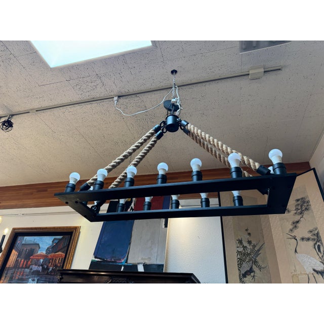 Restoration Hardware Rope + Antiqued Steel Rectangle Chandelier | Chairish