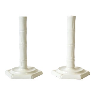Italian White Ceramic Bamboo Candlestick Holders, Pair For Sale