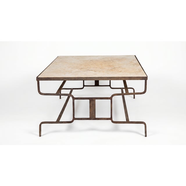 French Artisan Coffee Table in Wrought Iron and Travertine Top, 1920s For Sale - Image 4 of 10
