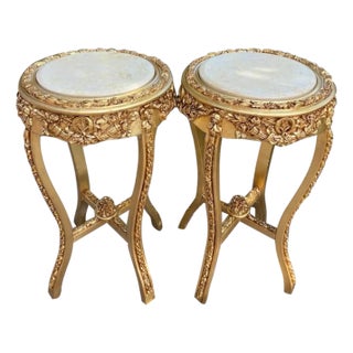 Pair 1990s French Louis XVI Gold Beech Marble Side Tables For Sale