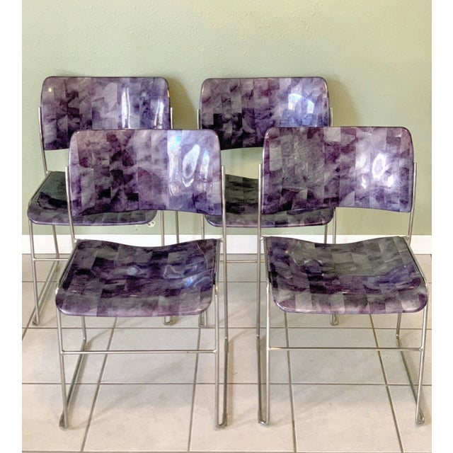 Minimalist Postmodern Iridescent Blue Marble Steel 40/4 Chairs – 2023 Reproduction of the David Rowland Design, Chrome Frame, Set of 4 For Sale - Image 9 of 11