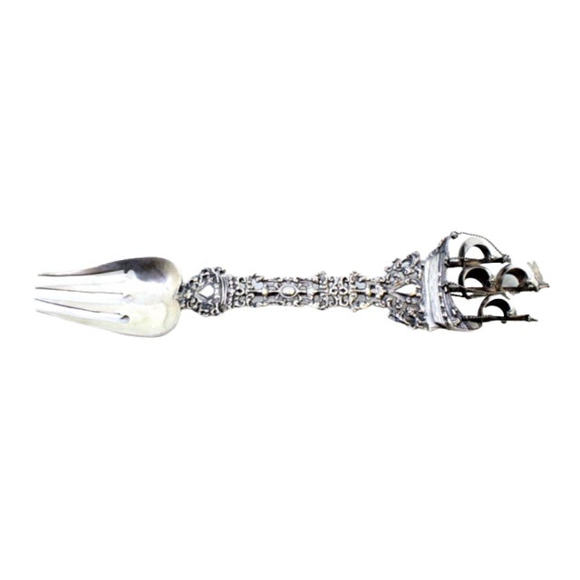 Decorative Silver Fork with Reliefs, Cut-Outs, Caravel and Angels Monogram Card For Sale - Image 10 of 10