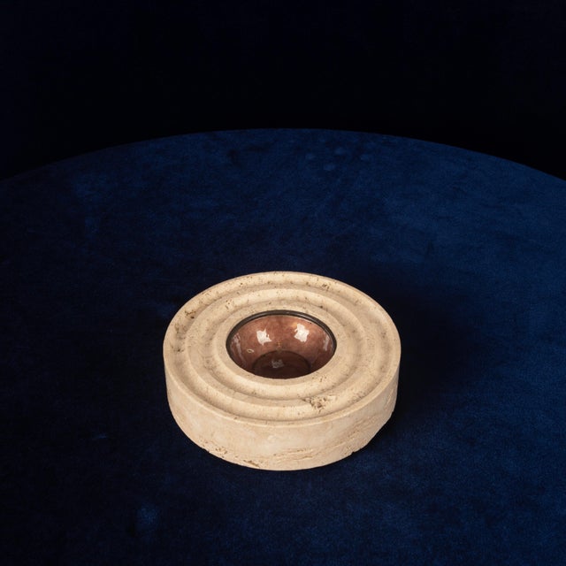 Italian Round Travertine and Copper-Toned Metal Ashtray, 1970 For Sale - Image 12 of 18