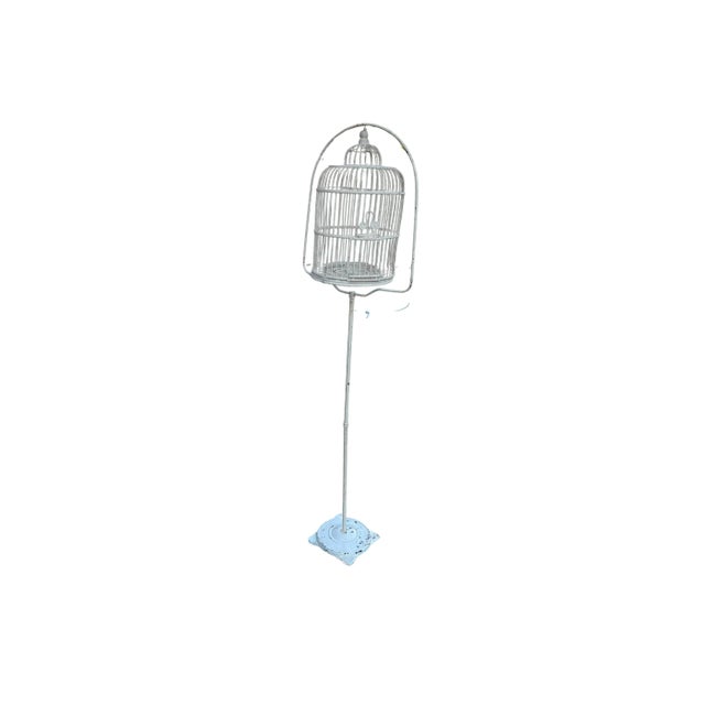 Antique White Wicker Birdcage on Metal Stand Sunroom Garden Decor For Sale - Image 11 of 12
