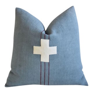 French Blue-Gray Grain Sack Appliqué Cross Coastal Nautical Feather/Down Pillow 22" Square For Sale