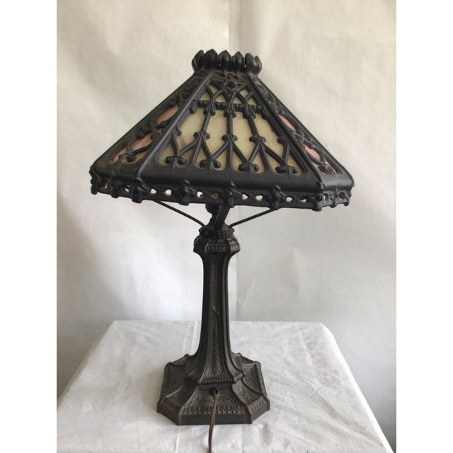 Metal 1920a Ornate Iron Leaded Glass Table Lamp For Sale - Image 7 of 11
