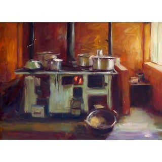 Warmth by Pam Ingalls | Oil on Board Interior scene with a stove and pots in warm tones. For Sale