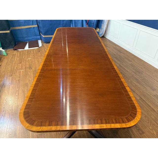 Traditional Multi-Banded Mahogany Double Pedestal Dining Table - Showroom Sample For Sale - Image 11 of 15