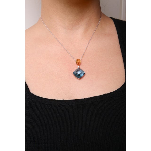 18K White and Yellow Gold Diamond Accent and Yellow Citrine and Sky Blue Topaz Gemstone Dangle Drop 18" Pendant Necklace (G-H Color, SI1-SI2 Clarity) For Sale - Image 4 of 5