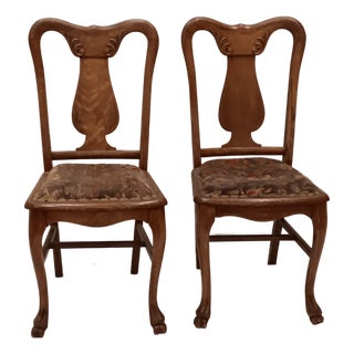 Antique Quarter Sawn Oak Side Chairs With Hand Carved Motif on Each Side and Nailhead Stud Surround Tapestry Seat and Claw Feet For Sale