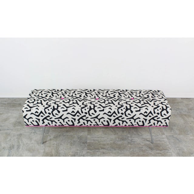 Abstract Black and White Linen Bench With Italian Style Metal Legs For Sale - Image 3 of 7