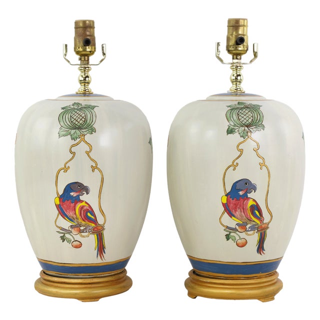 Vintage Hand-Painted Chinoiserie Ceramic Parrot and Cherry Table Lamps - a Pair For Sale