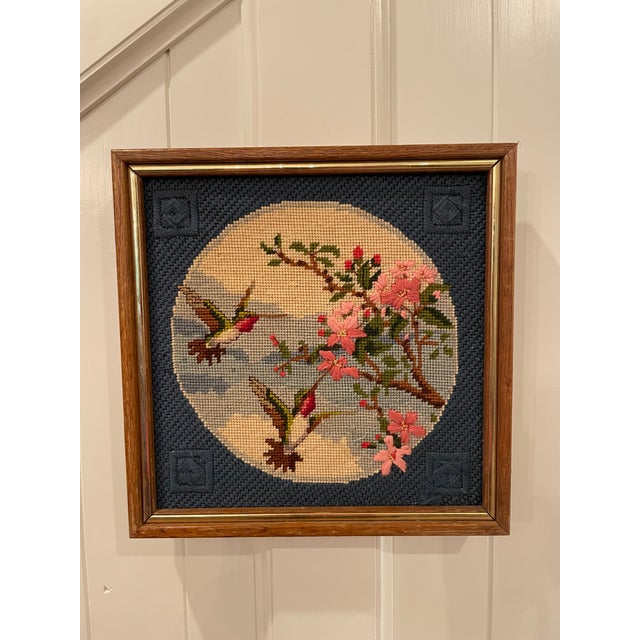 Vintage Framed Chinoiserie Asian Boho Flare Cherry Blossom Tree Hummingbird and Floral Flowers Needlepoint For Sale In Nashville - Image 6 of 6