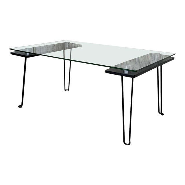 Mid-Century Modern Metal Table With Glass Top and Nickel Supports For Sale