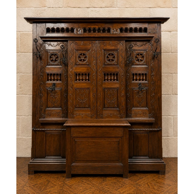 Wood Large Neo-Gothic Carved Oak Entryway Wardrobe with Built-in Chest, Late 19th Century For Sale - Image 7 of 7