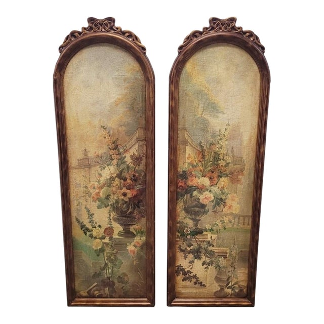 Vintage Tall Narrow Oval Bow Top Floral Garden Printed Wall Printed Art Decor Panels- A Pair For Sale