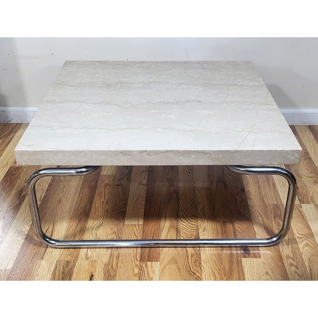 Cream Pair Vintage Mid-Century Modern Chrome & Marble Coffee Tables by Michael McCarthy for Cassina For Sale - Image 8 of 17