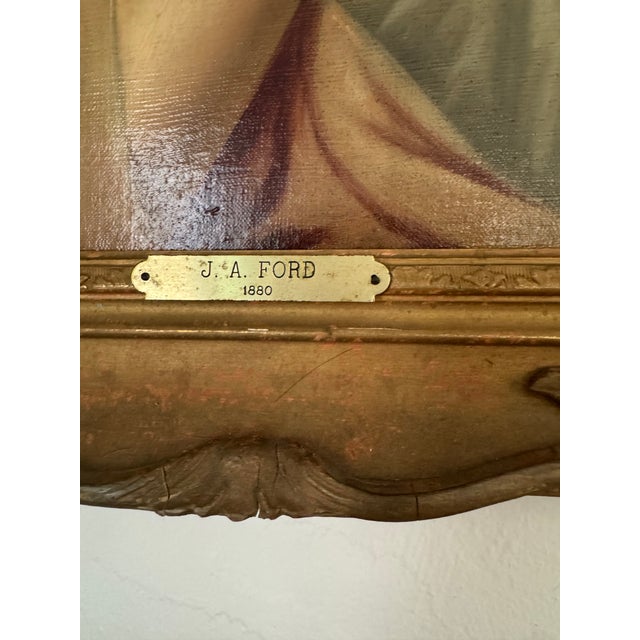 Antique-Style Victorian Oil Portrait of Woman With Roses – J. A. Ford, Ornate Gilt Frame & Picture Light For Sale In Pittsburgh - Image 6 of 6